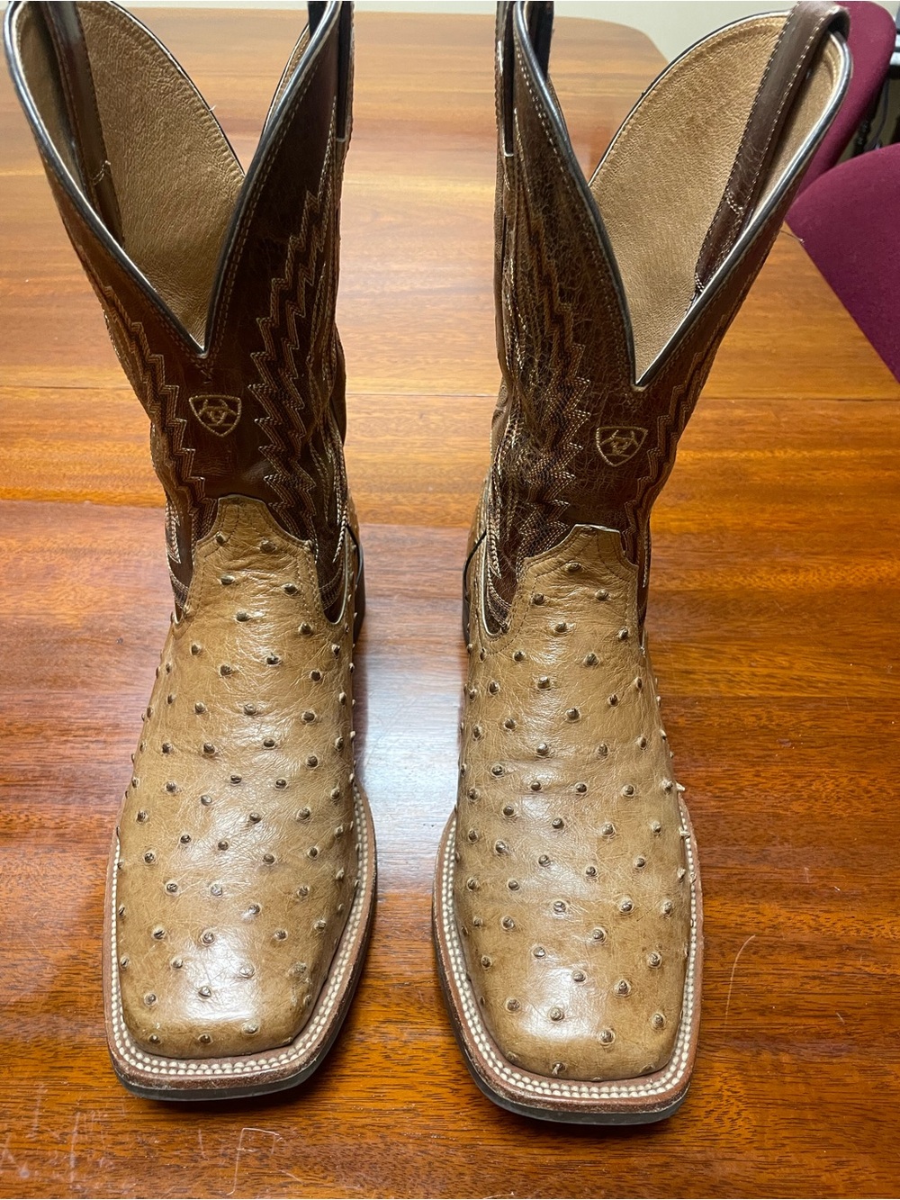 Ariat Two-Tone Tan Ostrich Foot with Dark Brown Embroidered Shaft Cowboy Boots